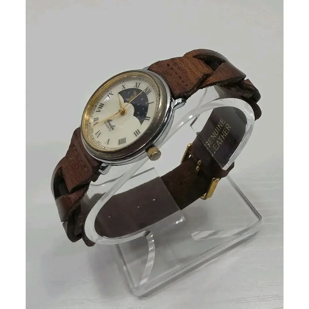 Moulin Quartz Moon Phase Watch Pearl Round Face Brown Band Stars New Battery 280